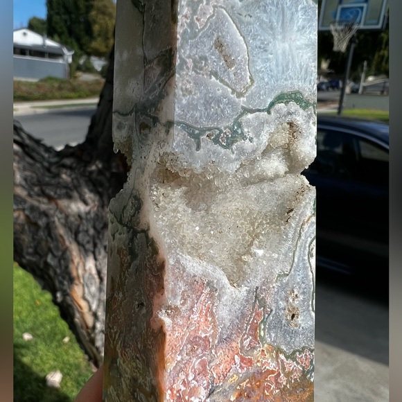 Rare Pink Moss Agate Tower With Druzy Pockets and Quartz - Picture 3 of 9